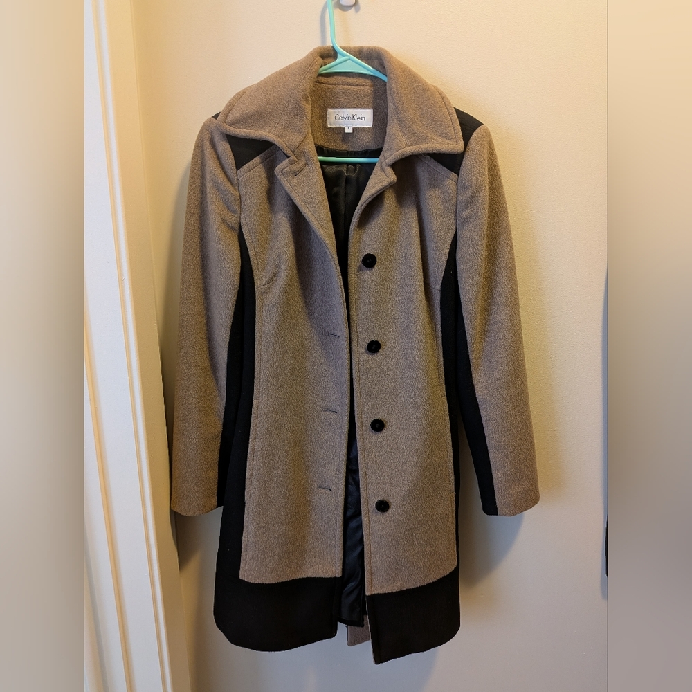 Calvin Klein Two-Tone Taupe and Black Wool-Blend Trench Coat
